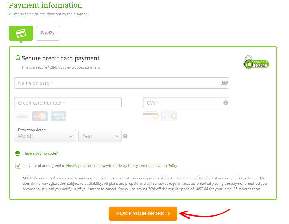 HostPapa Payment Information
