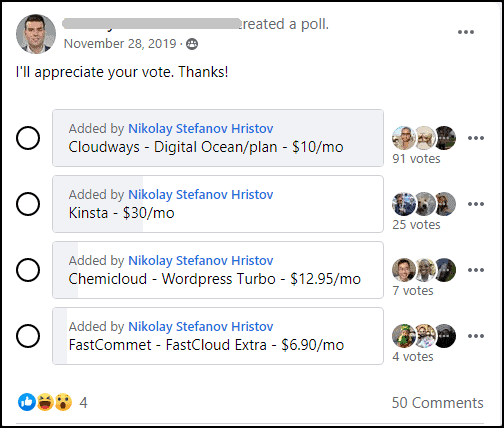 Cloudways rating on FB poll 1