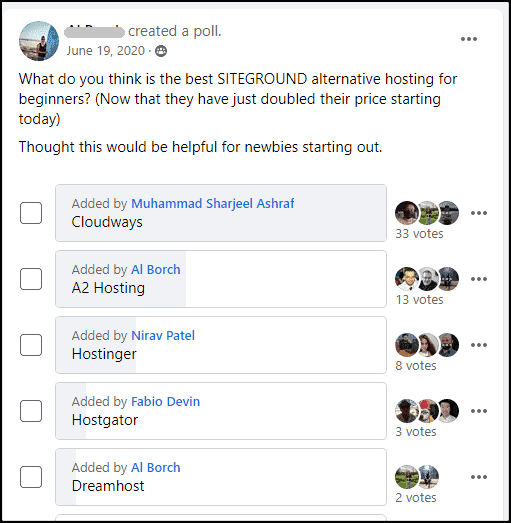 Cloudways rating on Facebook poll 3