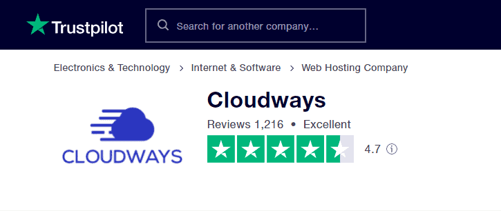 Cloudways rating on Trustpilot