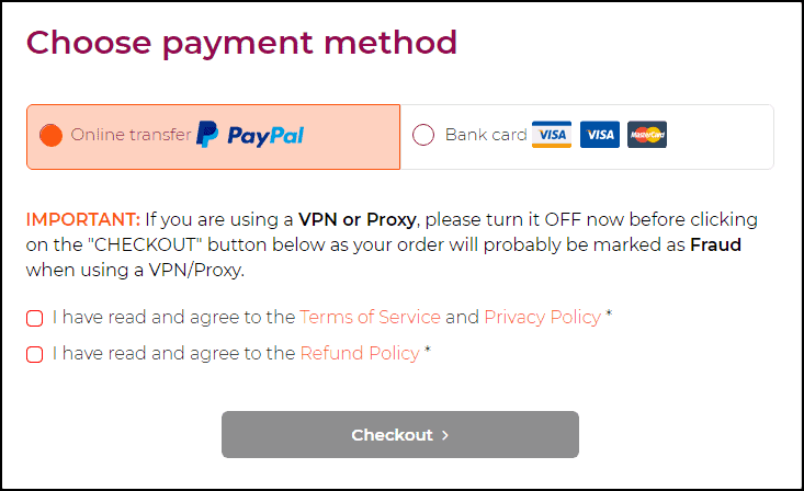 WPX choosing payment method
