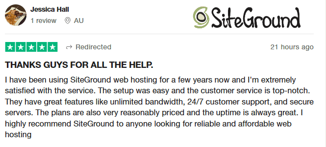 SiteGround review on Trustpilot 1